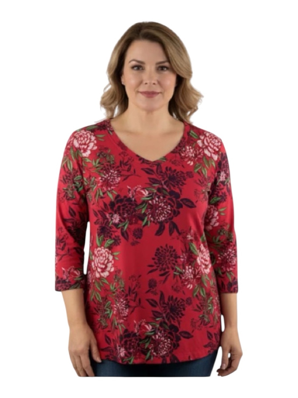 The Pioneer Woman Size XXL Red Floral V-Neck 3/4 Sleeve Top